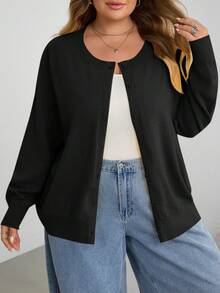 SHEIN CURVE+ 大尺碼女款休閒純色圓領長袖寬鬆剪裁上衣 - 黑色 - 查看 4