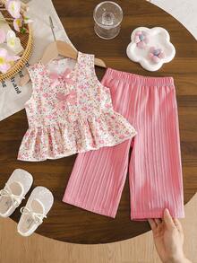 SHEIN Playful Pals 2件組女嬰幼兒/新生兒0-3歲春夏季休閒甜美日常度假條紋編織無袖背心上衣&寬腿褲套裝 - 粉色 - 查看 3