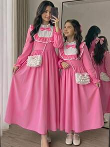 SHEIN Young Girls DRMZ Young Girl Bowknot Decor Patchwork Ruffle Long Sleeve Cute Safari Dress Back-To-School School Autumn - Multicolor - View 4