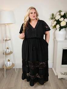 Hourglow Plus Size Elegant Lace Patchwork V-Neck Bohemian Style Dress Black, For Hourglass Body Shape - Black - View 5