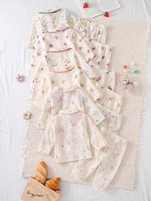 (Random 1) Neugeborenen Crinkle Schleife Bär Polka Dot Pony Blumen Erdbeere Muster Bequeme weiche Langarm Strickjacke Top und Fußhose 2-teiliges Loungewear Set - Verschiedenfarbig - Übersicht 2