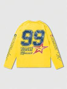 ROMWE MEN Street Life Kaos Kasual Lengan Panjang Kerah Bulat dengan Cetakan Huruf untuk Pria, Cocok untuk Dipakai Sehari-hari di Musim Semi dan Musim Panas - Kuning - View 2