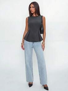 Avantive Women's Solid Color Zipper Front Pleated Tank Top For Daily Wear And Vacation - Dark Grey - View 3