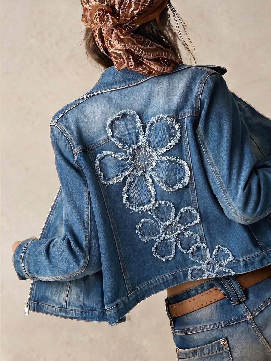 Bohemela Casual 70s Retro Streetwear 90s Solid Color Woven Denim Fitted Women's Jacket Everyday Going Out Birthday Blue Autumn - Blue - View 1
