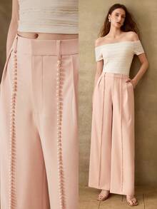 MOTF PREMIUM WOMEN'S FAUX PEARL DECORATED WIDE LEG PANTS WEDDING BRUNCH TEA PARTY PINK SUMMER ROMANTIC ELEGANT - White - View 1