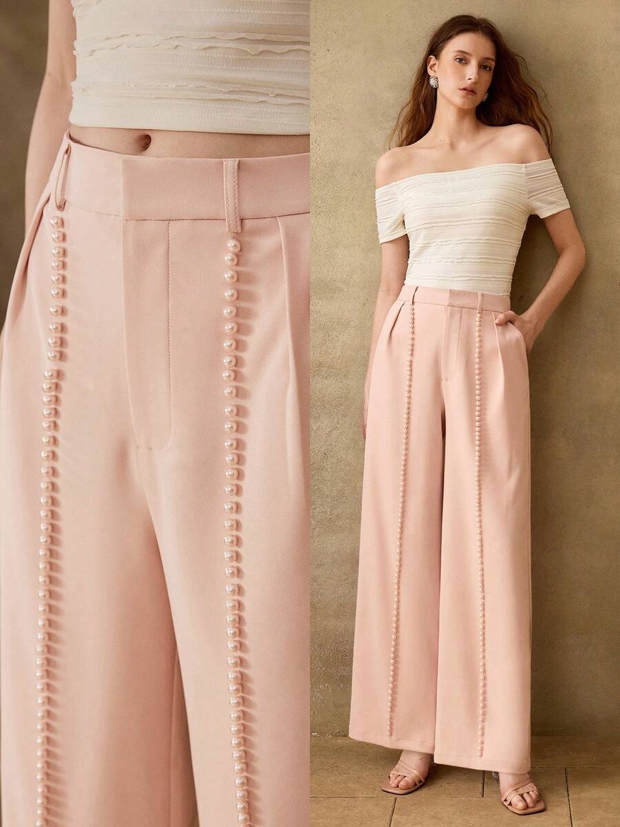 MOTF PREMIUM WOMEN'S FAUX PEARL DECORATED WIDE LEG PANTS WEDDING BRUNCH TEA PARTY PINK SUMMER ROMANTIC ELEGANT - White - View 1