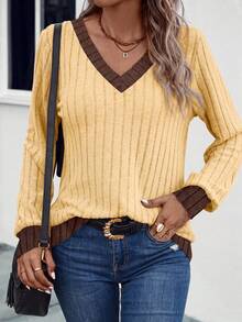 SHEIN LUNE Women's Autumn/Winter New Colorblock Design V-Neck Soft Wide Ribbed Knit Long Sleeve Sweatshirt - Multicolor - View 6