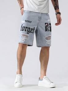 Manfinity Roughcore Men's Plus Size Letter Print Distressed Denim Shorts - Light Wash - View 5