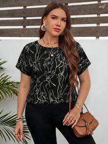 SHEIN LUNE Artistic Line Drawing Round Neck Pullover Plus Size Women's Short Sleeve Shirt - Black and White - View 4