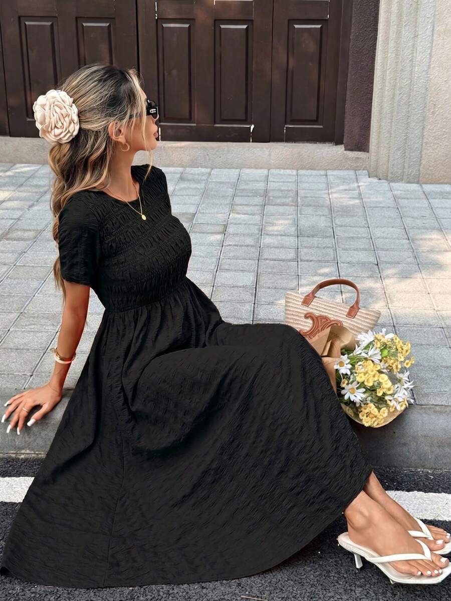 Pariaura Women's Casual Solid Textured Vacation Dress - Black - View 1