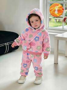 SHEIN Vintaside Kids 嬰兒毛絨套裝，加厚珊瑚絨服裝附包包，可愛花卉連帽套裝，適合秋冬家庭搭配里程碑，粉色可愛端莊 - 粉色 - 查看 2