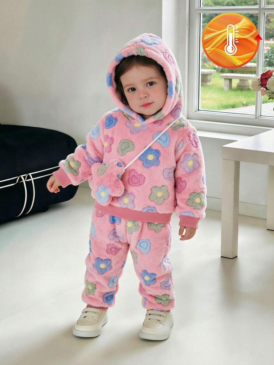 SHEIN Vintaside Kids 嬰兒毛絨套裝，加厚珊瑚絨服裝附包包，可愛花卉連帽套裝，適合秋冬家庭搭配里程碑，粉色可愛端莊
