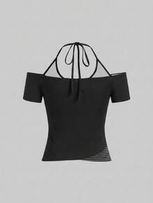 Attitoon Casual Minimalist Street Style Butterfly Pattern Contrast Color Black Striped Women's 2 In 1 T-Shirt Suitable For Spring/Summer Y2K - Multicolor - View 3