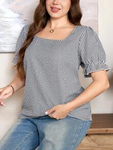 SHEIN LUNE 大尺碼女款格紋方領短泡泡袖休閒襯衫，80年代 1950年代 90年代復古風，正式度假、慕尼黑啤酒節、黑色與白色夏季晚餐穿搭 - 黑與白 - 查看 6