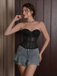 Myrelith 1件熟女性感蕾絲優雅加厚內襯塑形上衣 - 黑色 - 查看 1