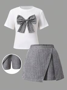 SHEIN 2件組 青少年女孩返校學院風 白色短袖蝴蝶結裝飾T恤與灰色條紋高腰下身 - 彩色 - 查看 3
