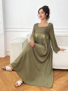 Yasmyna 女款刺繡百褶紋理阿拉伯傳統長裙 優雅 - 綠色 - 查看 3