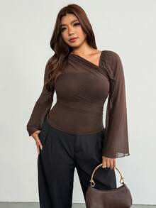 Firerie Plus Size Women's Solid Color Asymmetric Collar Bell Sleeve Fashion Brown Top For Women Elegant Office Business Work Top Elegant Graduation Top Women - Coffee Brown - View 2