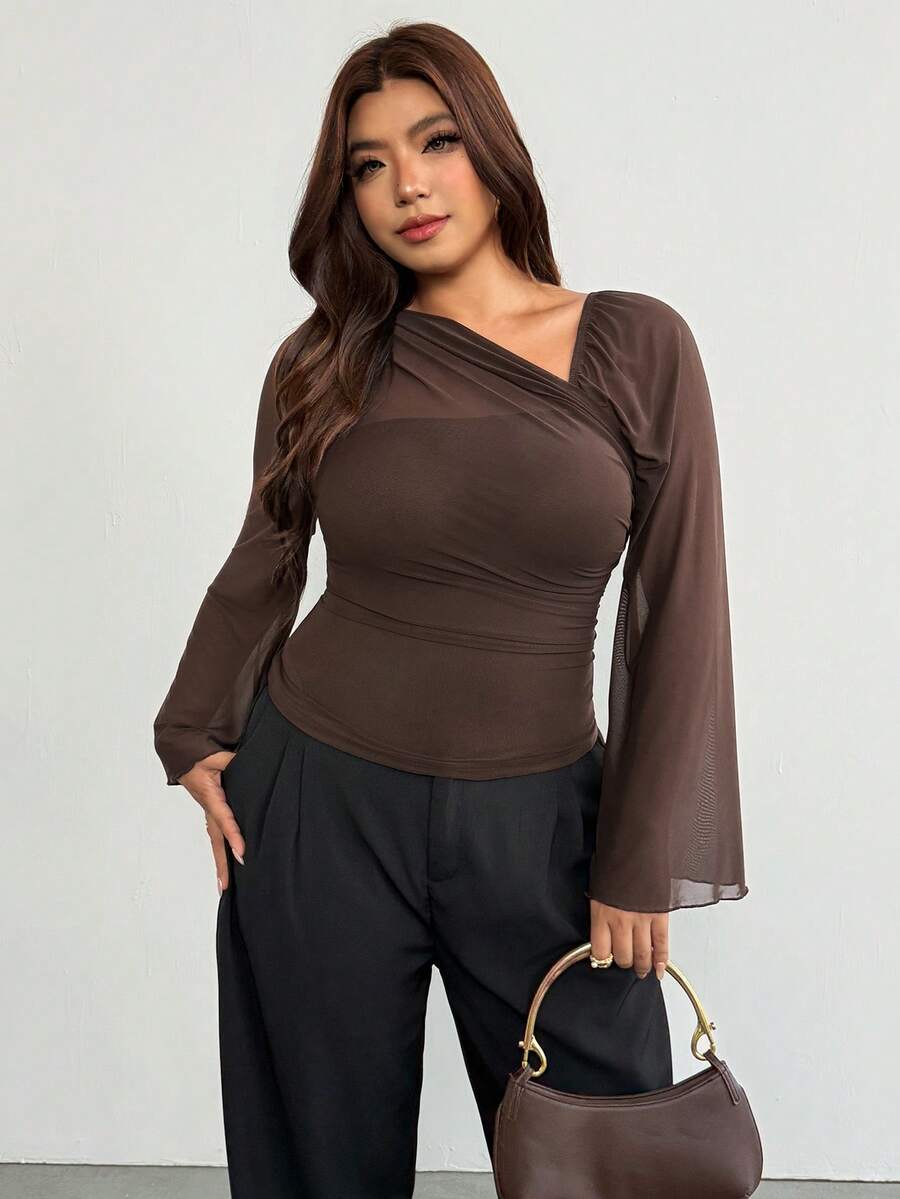 Firerie Plus Size Women's Solid Color Asymmetric Collar Bell Sleeve Fashion Brown Top For Women Elegant Office Business Work Top Elegant Graduation Top Women