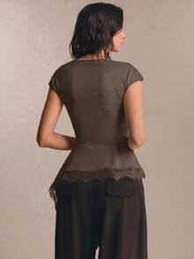 Poéselle Women's Summer Elegant Commute Lace Patchwork Asymmetric Hem Top Office Coffee Brown - Brown - View 7