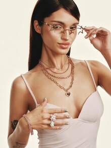 Popjeli Sweet And Cool Multi-Layer Pink Diamond Love Necklace, Retro Chain Stacked With Heavy Industry Collarbone Chain Y2K Spice Girl Accessories - love - View 3