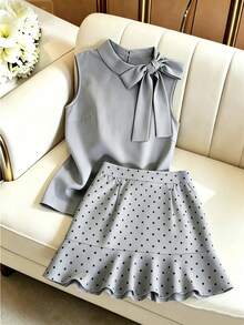 SHEIN Franclia 夏季优雅通勤纯色领结马甲和波点印花半裙两件套 - 灰色 - 查看 3