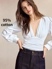 BizChic Long Sleeve Bodysuit Elegant Sexy French Vintage Business Commute Date Vacation Halloween Back To School Party Birthday Office Slimming Elegant Versatile Summer Autumn Casual Daily Wedding Guest Special Occasion Outing Beach Gathering Social Holiday Shopping Afternoon Tea Travel Formal Vacation Style Slouchy Luxury Minimalist - White - View 2