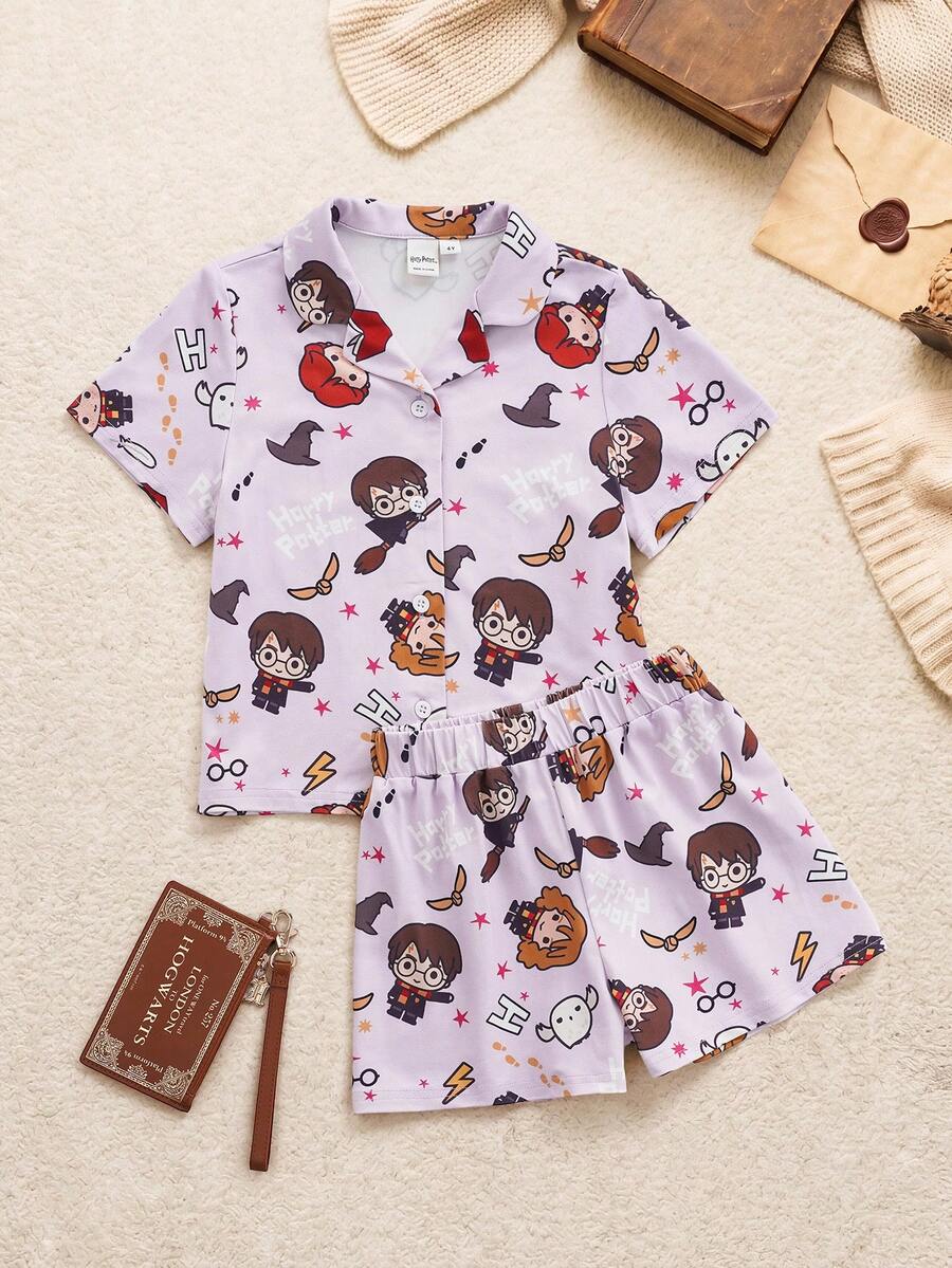 HARRY POTTER X SHEIN 少女卡通角色印花單排扣短袖上衣與短褲家居服套裝 - 粉色 - 查看 1
