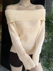 DAZY Women's Solid Color Off-Shoulder Casual Versatile Daily Long Sleeve Sweater Fall - Beige - View 5