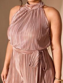 Cravure Plus Size Women Solid Color Ruched Halter Neck Casual Daily Wear Jumpsuit Fall - Khaki - View 6