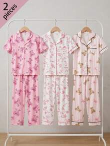 青少年女孩粉色蝴蝶結舒適短袖長版開襟翻領居家服套裝，慵懶俏皮居家穿搭，送給青少年女孩的完美禮物 - 粉色 - 查看 8