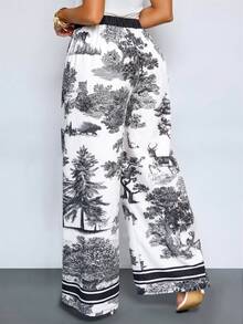 SOLERSUN Long Wide Leg White And Black Plants Pattern Boho Elegant Fabric Pants Vacation Autumn - Black - View 3