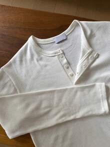 DAZY Men's White Ribbed Fabric Long Sleeve Crew Neck Half-Button Solid Color T-Shirt - White - View 8