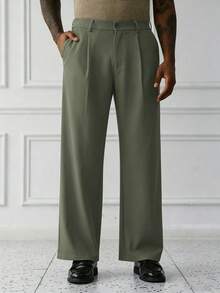 HUEFORM Pantalones largos de pierna recta casuales para ir al trabajo en primavera/verano para hombres - Verde Niebla - Ver 3