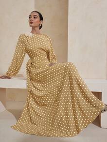 Graceveil Waist-Cinched Tie-Up Polka Dot 3D Floral Decor Elastic Sleeve Full Skirt Arabian Dress - Camel - View 4