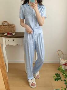 SHEIN 休閒舒適可愛雲朵 V 領短袖長褲睡衣套裝 - 藍色 - 查看 1