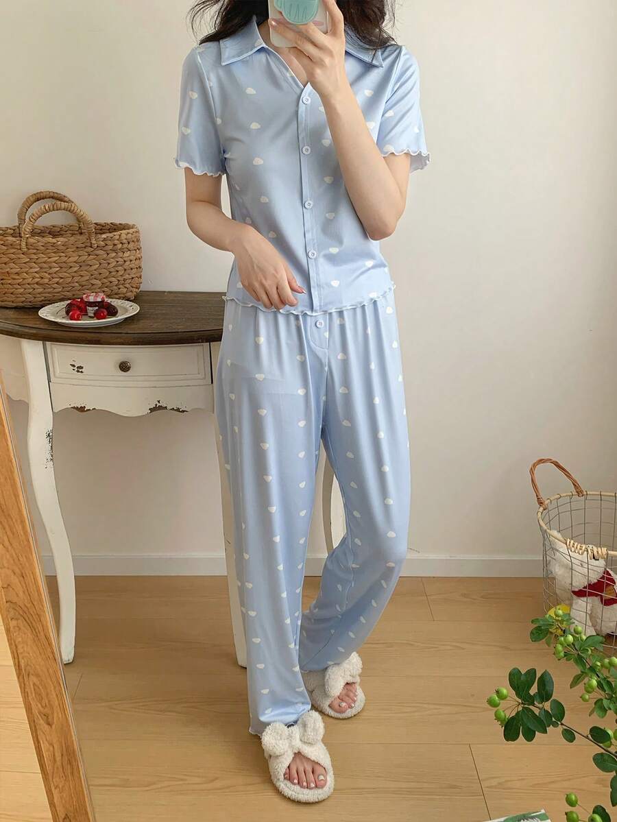 SHEIN 休閒舒適可愛雲朵 V 領短袖長褲睡衣套裝 - 藍色 - 查看 1