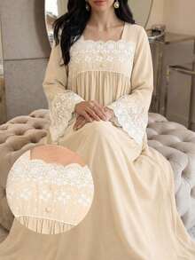 Yasmyna 女款蕾絲拼接鈕扣百褶阿拉伯風洋裝 - 杏色 - 查看 9