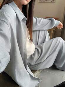 Dazy Plus 两件套纯色休闲宽松长袖衬衫上衣和阔腿裤，适合大码女性通勤穿着，春夏款 - 霧霾藍 - 查看 1