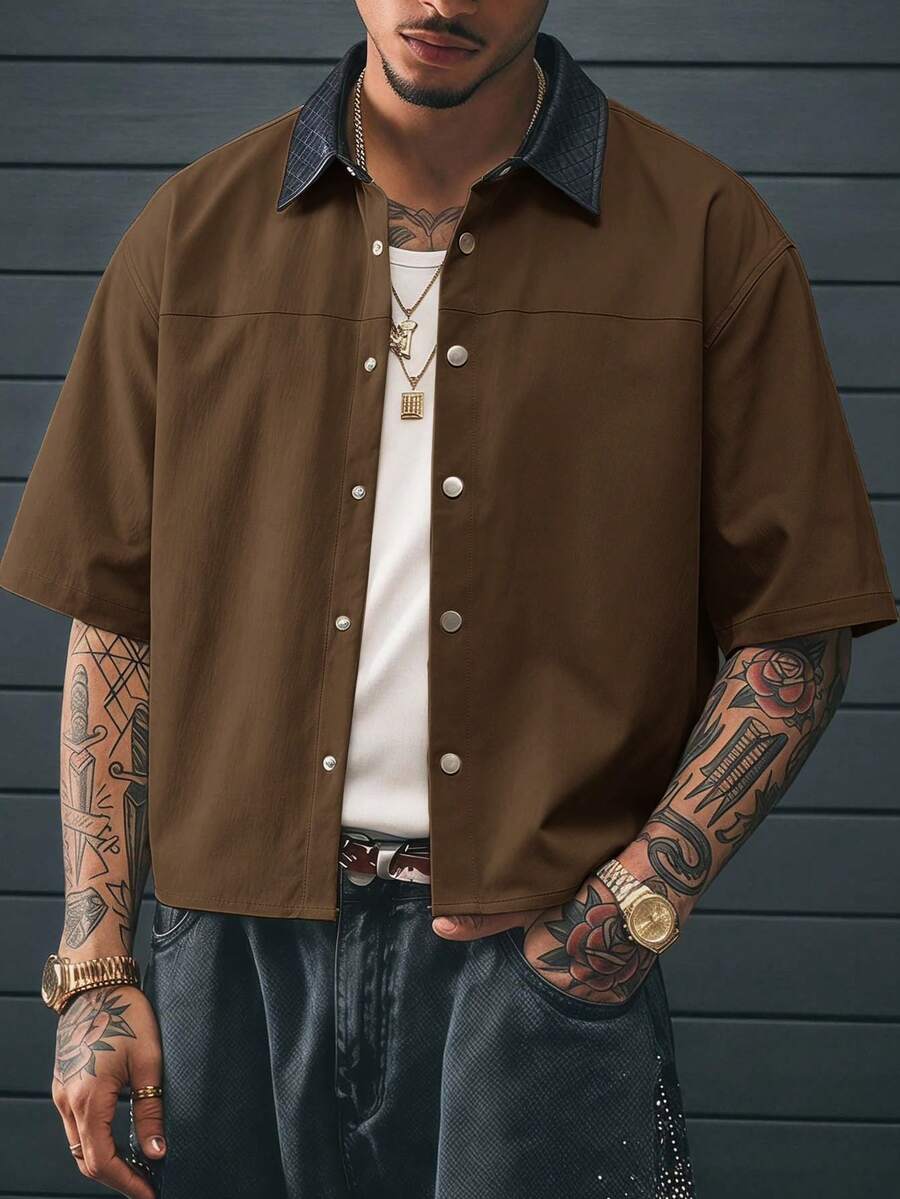 AXEPEAK 男士拼色單排扣休閒百搭日常旅行襯衫 - 棕色 - 查看 1
