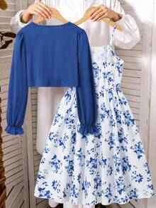 2pcs/Set Girls Spring/Autumn Casual Knitted Ribbed Bow Decor Cardigan Top And Printed Spaghetti Strap Simple Dress Back To School - Blue - View 2