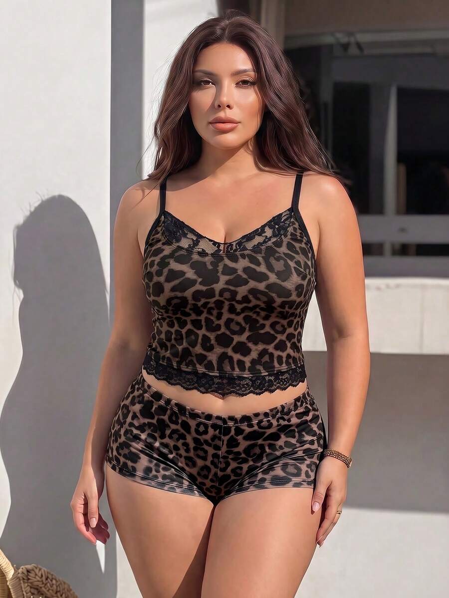 Swim SXY Plus Size Women's Leopard Print Single Piece Spaghetti Strap Bikini Swimsuit Top For Vacation And Beach Summer Sexy - Multicolor - View 1