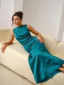 ZEYLAH Vestido ajustado con fruncido asimétrico, primavera/verano - Agua verde azul - Ver 3