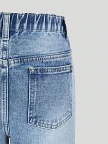 SHEIN ChillGRL 女童牛仔褲，休閒學院風，休閒街頭風，女童校園拉鍊藍色牛仔褲，適合購物、戶外活動等多種場合 - 藍色 - 查看 6