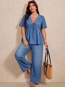 Elaquor Plus Size Women's Front Tie Short Sleeve Top And Pants Casual Denim Two Pieces Set - White - View 11