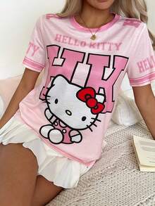 CovetEZ HELLO KITTY AND FRIENDS | SHEIN 可愛休閒極簡運動街頭百搭派對機場風，數字英文字母學院風星星貓咪印花圖案，音樂節，女款夏季圓領寬鬆短袖T恤 - 彩色 - 查看 4
