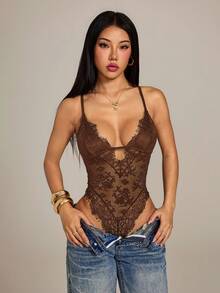 SHEIN PETITE 女款性感時尚蕾絲拼接透視連身衣 - 棕色 - 查看 5