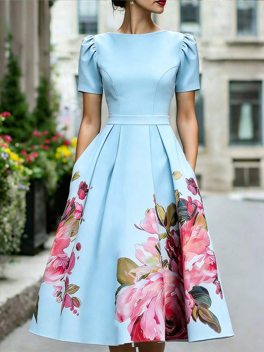 SHEIN 女款夏季優雅花卉印花洋裝 - 藍色 - 查看 1
