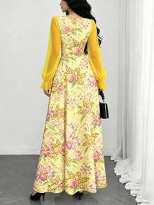 Modelyn Orchid Floral Textured Pattern Light Yellow French Style Romantic Dress, Women's Fashion Square Neck Lantern Sleeve Elegant Autumn Long Dress - Multicolor - View 2