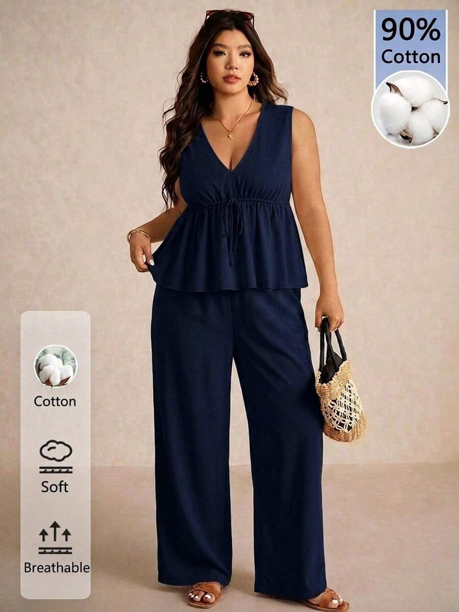 Elaquor Plus Size Women Solid Color V-Neck Pleated Top And Pants Casual Daily 2-Piece Set - Navy Blue - View 1